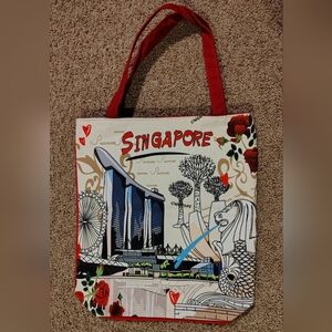 Singapore Themed Tote Bag with Red Handles Zippered Closure